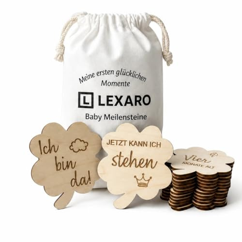 Baby Meilensteinkarten aus Holz | Meilensteinkarten Baby | Kleeblatt Meilensteine aus Holz | Geschenke zur Geburt & Babyparty für Schwangere, Werdende Mütter & Eltern.