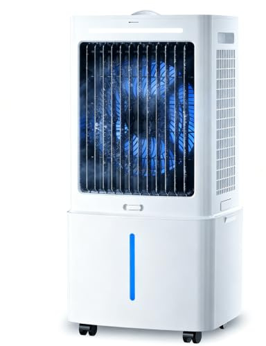 Enfriador de Aire Sin Tubo Depósito Extraíble 25L, 3 en 1 Climatizador Evaporativo Silencioso, 24 Velocidades, Temporizador 12H, Mando, 6 Bloques de Hielo para Casa