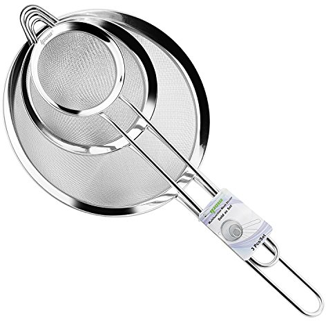 ipow Set di 3 Colini Acciaio Inox 304 Maglia Fine 7/12/18 cm, Scolapasta con Manico Rinforzato, Setaccio da Cucina per Pasta, Riso, Verdura, Filtro Farina, Albume, Cibi Fritti (Argento)