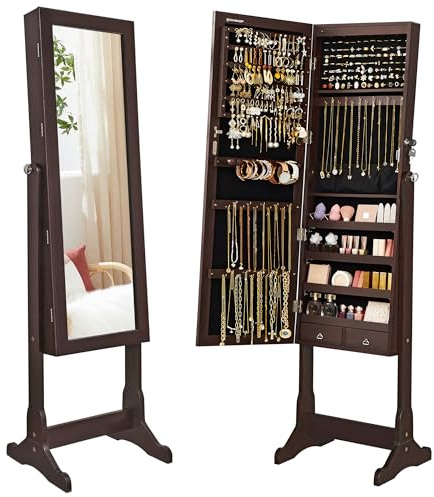 SONGMICS Jewelry Cabinet with 6 LED Lights, Lockable Mirrored Jewelry Armoire Organizer, 2 Drawers, Brown UJJC94K
