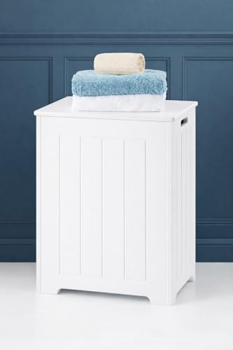 Elegant Brands White Wooden Laundry Bin with Lid – 60L Slim Bathroom Laundry Basket with Tongue & Groove Style Panel and Cut-Out Handles – Freestanding Washing Hamper (54 x 40 x 30 cm)