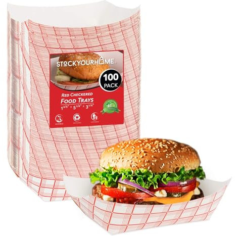 100-Pack 3 lb Paper Food Trays – Red & White Checkered Disposable Paper Food Boats, Eco-Friendly Serving Trays for Concessions, Nachos, Snacks & Condiments – 5.75 x 3