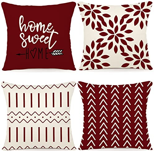 YCOLL Fundas de Cojín, Funda de Almohada del Sofá Throw Cojín Decoración Almohada Funda de Almohada de Lino de la Cubierta Decorativo para Sala de Estar Sofás 40 x 40cm Juego de 4 (borgoña)