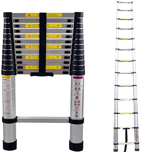 Scala telescopica 3,8 m Compatta alta scala fai da te multiuso telescopica in lega di alluminio con un pulsante di estrazione, strumento per arrampicata a 13 passi, prolunga per scale pieghevoli