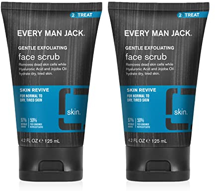 Every Man Jack Gentle Exfoliating Face Scrub For Men- Exfoliate Away Dead Skin, Moisturize, and Revive Tired Skin with Jojoba Beads, Hyaluronic Acid, and Caffeine - 4.2 oz Men’s Face Scrub -Twin Pack