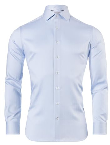Vincenzo Boretti Camicia, Body-Fit/Taglio Molto Aderente, Elastico, Motivo a Spina di Pesce - Facile da Stirare Blu Ghiaccio 41-42
