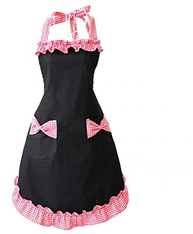 CCHAMP Cute Girls Black Apron with Pockets, red Bowknot Apron for Women, lady kitchen apron with red plaided ruffles hem for Cooking Baking BBQ Cafe Waiter Bartender Chef Apron