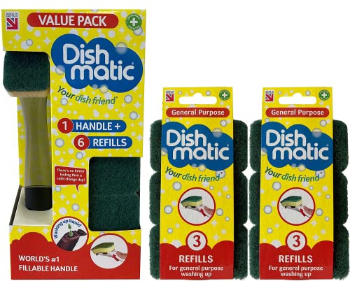 Topest Dishmatic Fillable Washing Up Brush and Sponge - Value Pack, Includes 6X Replaceable Sponge Head Refills- with 6X Dishmatic General Purpose Brush Refills