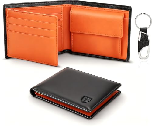 TEEHON Cartera para Hombre, Monedero con RFID Bloqueo con 10 Ranuras, 2 Compartimentos para Billetes, 1 Bolsillo para Monedas con Botón, 1 Llavero y Regalo Caja - Naranja Negro