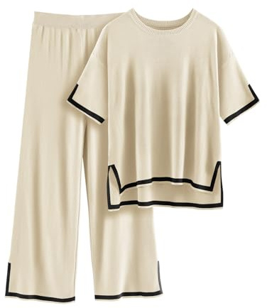 Tuopuda Pull Tricoté Deux Pièces Ensemble Tricoté Femmes Hiver Chic et Elegant Manches Courtes Sweater Top en Maille et Pantalons à Jambes Larges Loungewear, Beige, S
