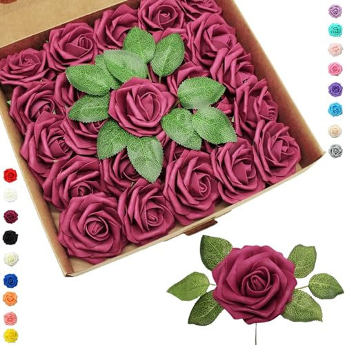 25 rose artificiali in schiuma, color bordeaux, con stelo, realistiche al tatto, per decorazioni per matrimoni, bomboniere per doccia nuziale, feste per la casa, baby shower, decorazioni per la festa