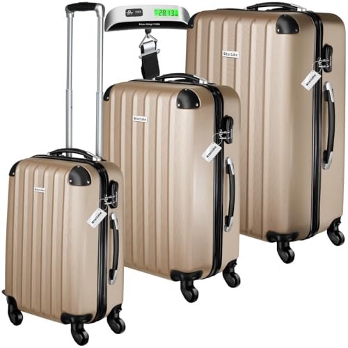 tectake® 3er Kofferset mit Kofferwaage & Kofferanhänger, Reisekoffer Set, ABS Hartschalenkoffer Set, Trolley Kofferset, Reisetasche mit Rollen, Gepäck, Koffer Set M-L-XL, Teleskopgriff - Champagner