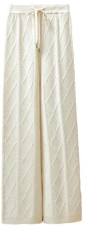 Pantaloni da donna invernali 100% lana tinta unita Trend lavorato a maglia impasto fritto torsioni tinta unita gamba larga pantaloni, bianco, S