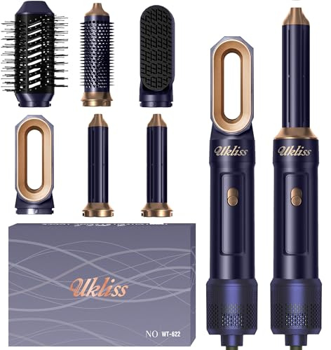 UKLISS 6-i-1 värmande borstborste och hårstyler, hårtorkset med hårlockare, hårtorkning, airbrush plattborste, termisk borste, fläktborste för kvinnor styling - blå