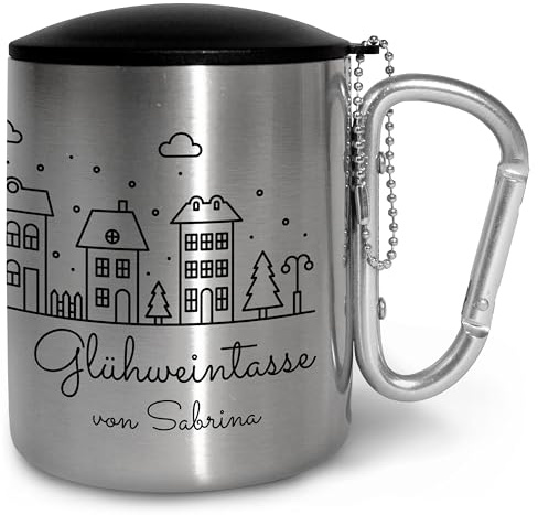 True Statements Personalisierte Glühweintasse Edelstahl mit Karabinergriff - Becher für Weihnachtsmarkt mit Namen – Geschenkidee Kollegen Freunde Familie - ca. 300 ml - Griff Silber, mit Deckel