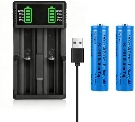 USB Caricabatterie con 2 Pezzi 2200 mAh Batterie Button Top Ni-MH, 2 Baie Display LCD Caricatore USB Universale Batteria Caricatore per Fotocamera/Piccolo Ventilatore/LED Lampada Frontale/Luci Solari