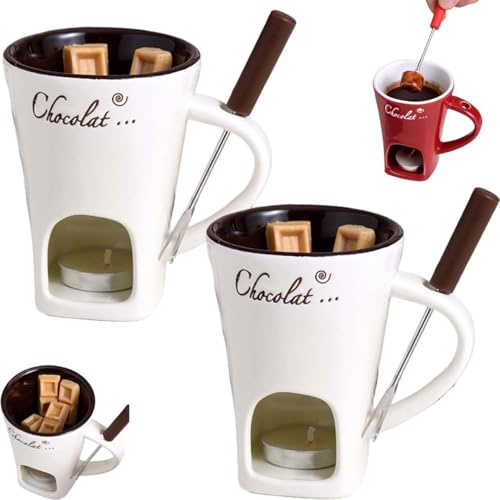 Meltie Cup, Chocolate Fondue Mugs with Forks, Chocolate Melting Mug, Mini Fondue Set, Fondue Mug Set, Tealight Candle Mini Simmer Mug for Cheese, Caramel, Tapas(White*2)