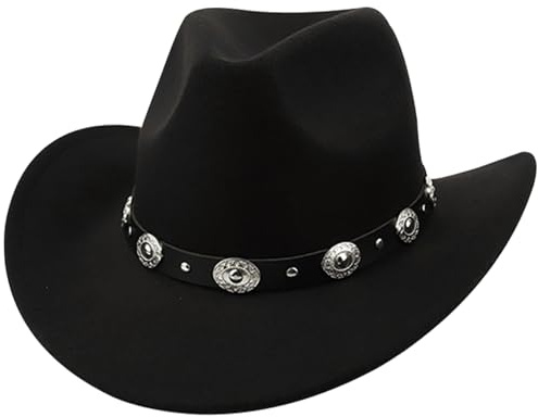 NIDONE cowboyhatt, klassisk svart cowgirlhatt med metallspännbälte, västerländsk cowboy med justerbar rem och svettband, bärbara hattar för kvinnor och damer