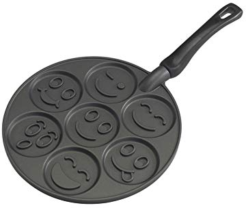 Nordic Ware Smiley Face Pancake Pan, Cast-Aluminium Frying Pan, Pan for 7 Pancakes, Mini Pancake Maker - Black, 10 1/2 inch diameter