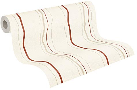 A.S. Création Vliestapete 10,05 m x 0,53 m mit glänzenden Akzenten - Creme, Rot, Beige - strukturierte Streifentapete Made in Germany - 958731