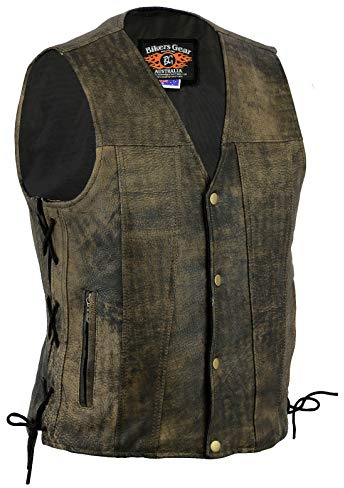 Bikers Gear Australia Premium - Gilet in morbida pelle bovina stile Harley da 1,3 mm, con lati e tasche regolabili in pizzo, marrone invecchiato, taglia M