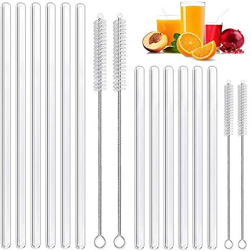 Annvchi Glasstrohhalme Wiederverwendbar 16 Stück - 6 Kurze Glas Strohhalm + 6 Lange Gerade Strohhalm Glas+ 4 Reinigungsbürsten, Geeignet für Bubble Tea, Slush, Cocktail, Säfte