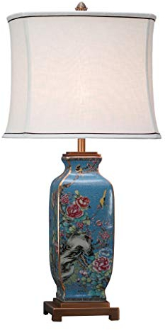 Fine Asianliving Lámpara de Mesa de Porcelana China con Pantalla de Lino Pintada a Mano An16xP16xAl72cm Cerámica Porcelana Luz de Mesa China Chino Oriental con Pantalla Jingdezhen Mandarin Deco