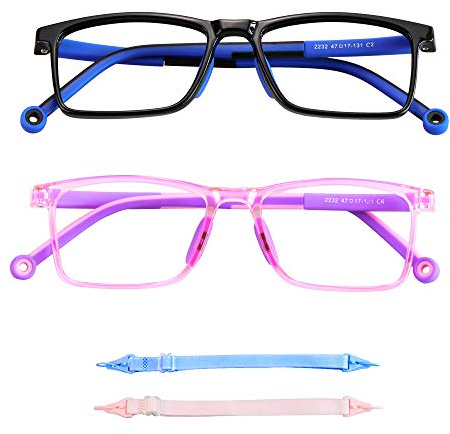 LAMBBAA 2 Pack Kids Blue Light Blocking Glasses, Computer Glasses with Rope, Anti Blurry and Eyestrain, Cut UV400 Anti Glare for Children Age 3-12 (Black Blue, Purple)