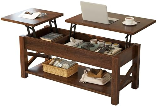 Rolanstar Coffee Table, 47.2 Lift Top with Hidden Compartment, 2 Way Lift Top Coffee Table with Open Shelf & X Wooded Support, Farmhouse Center Table for Living Room, Espresso