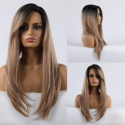 Pelucas Delanteras De Encaje Sintético Cabello Largo Y Liso Y Flequillo Negro Lila Púrpura Marrón Ombre Peluca De Pelo Sintético para Damas Peluca De Cosplay Resistente Al Calor,D