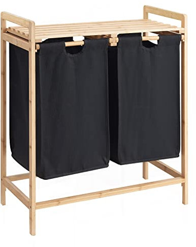 ACAZA Panier à Linge avec 2 Sacs, Trieur à Linge avec Sacs à Linge Amovibles - Tissu/Bambou - Noir