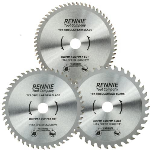 Rennie Tool 160mm x 20mm Bore x 36T 48T 60T TCT Circular Saw Blade (3 Pack) | Fits Festool TS55 Makita Dewalt Circular Saws Etc, 160mm Circular Wood Saw Blades + 16mm Reduction Rings Also Fits 165mm Saws