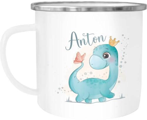 SpecialMe® Kinder-Tasse Emaille Dino Dinosaurier Schmetterling personalisierte Tasse mit Name individuelle Geschenke Emaille-weiss-silber standard