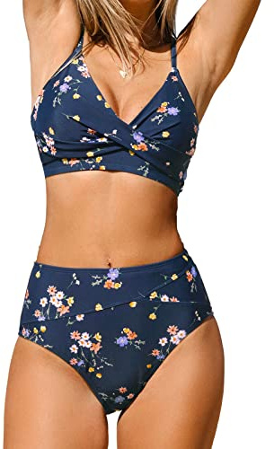 CUPSHE Women's Twist Front High Waisted Bikini Set V Neck Padded Two Pieces Bathing Suits Swimsuits Navy Blue Floral L