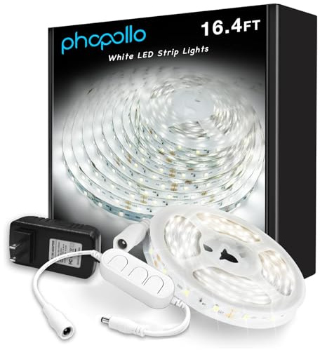 phopollo White LED Strip Lights, 16.4ft Dimmable 6500k Daylight White Led Light Strip, 300 LEDs Flexible Led Lights for Bedroom, Mirror, Kitchen Decoration