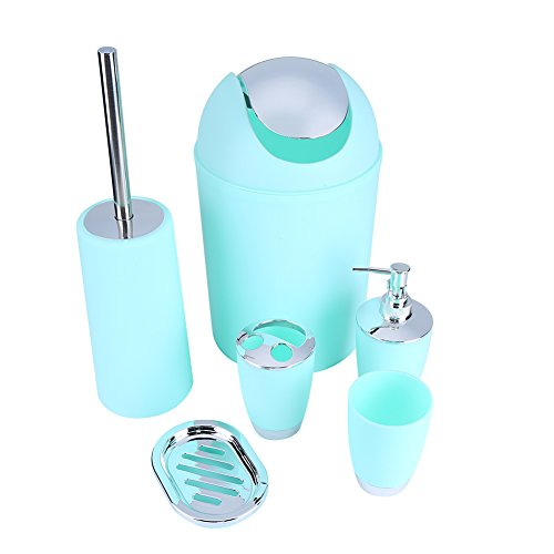 Wakects Juego de Accesorios de Baño, Juego de Baño de 6 Piezas, Jabonera, Soporte para Cepillo de Dientes, Taza de Enjuague, Botella de Loción, Bote de Basura, Cepillo de Inodoro, Kit de