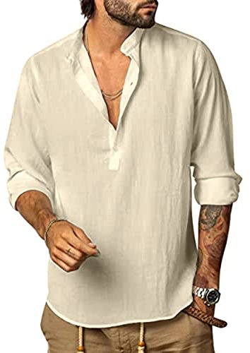 YAOHUOLE Men’s Cotton Linen Shirt Long Sleeve Casual Henley Collarless Grandad Shirts Tops Summer Beach Tops