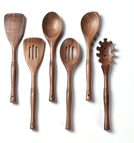 Gudamaye Lot de 6 cuillères en bois de noyer noir de 30,5 cm pour la cuisine, ustensiles de cuisine en bois de noyer noir naturel