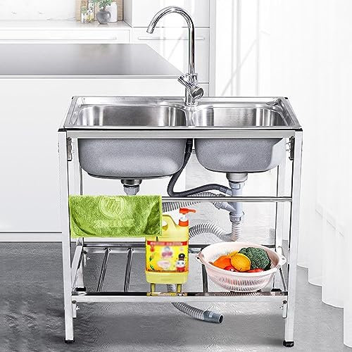 Spüle aus Edelstahl, Küchenspüle, gewerbliche Küchenspüle, Doppelwaschbecken, Spülbecken für den Außenbereich, Catering-Spüle, Waschbecken mit Kalt- und Warmwasserhahn für Garage, Garten, Bar, Restaur