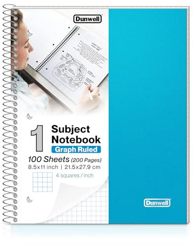 Dunwell Graph Paper Notebook 8.5 x 11 (Blue) Plastic Cover, 100 Sheets (200 Pages), 4x4 Squares, 1 Subject Graph Paper Spiral Notebook, 1/4 Grid, Pocket Divider, Easy Tear-Off, 3-Hole Punched