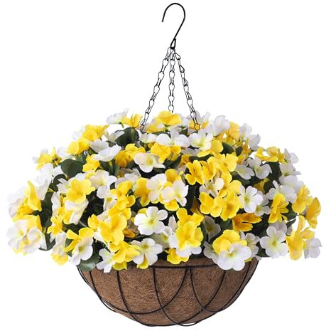 INXUGAO Künstliche Hängeblumen mit Korb für den Außenbereich, künstliche Hortensien, UV-beständig, Arrangements im Topf, Pflanzgefäß, Frühlings- und Sommerdekoration für Veranda, Garten, Hof (Gelbweiß