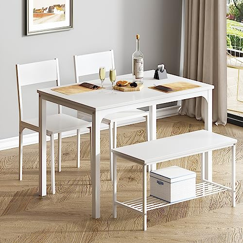 soges Set di tavolo da pranzo per 4 persone, tavolo da cucina da 110 cm, 2 sedie, panca per 2 persone con ripiano di stoccaggio, set di mobili estraibili per sala da pranzo