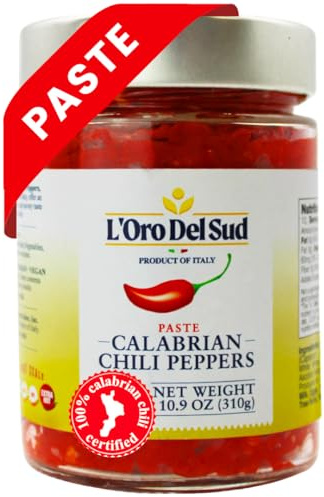 L'Oro Del Sud - Calabrian Chili Pepper Paste, Mild Spice, No Seeds, Certified, Peppers are Grown in Calabria, Calabiran Chili Pate, Mild Chilies, Peperoncini Calabrese, Product of Italy, 10.9 oz