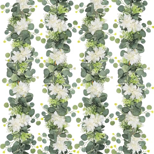 Dremisland Guirnalda de eucalipto con flores, dalia artificial, guirnalda de flores falsas para boda, fiesta, mesa, jardín (blanco, 4 unidades)
