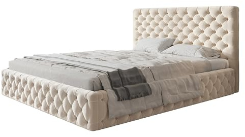 AlpiMeble Polsterbett 180x200, Jasminstoff, Holzrahmen, Beige | Bett, Betten mit Bettkasten, Modern Betten, Weicher Stoff, Kollektion Slim Miami