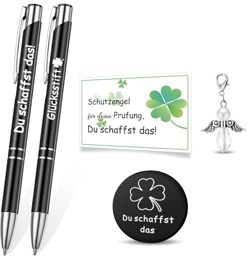 Tenare 6-Teiliges Mutmacher Geschenk Set, Schwarz, Glücksstift | Du Schaffst Das Geschenke,Glücksbringer Prüfung Abi, Motivation Kugelschreiber, Schutzengel Anhänger, Kleeblatt Glücksmünze