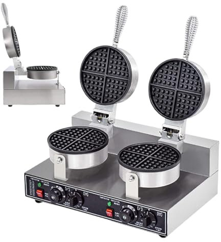 pealiritansemen Gaufrier Commercial, Machine À Gaufres Belges Rondes 1200 W, Gaufrier Antiadhésif, Plaque De Cuisson Revêtue De Téflon, Corps en Acier Inoxydable, pour Hôtel, Restaurant,DoubleHead