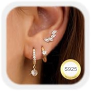 JeweBella 3 Paires Boucles d'Oreilles Femme Argent 925 Plaquée Or 14 Carats Petites Clou d'Oreilles Boucles d'Oreilles à Dos Plat CZ Creoles Argent Or Femme Piercings Oreille Cartilage Tragus Helix