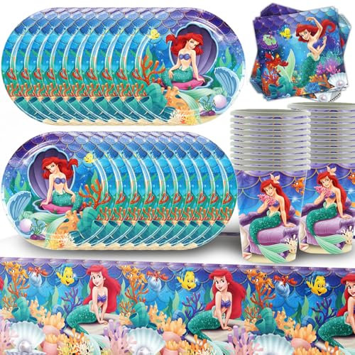 Mermaid Party Tableware Set, Mermaid Birthday Decorations Set, Mermaid Birthday Party Paper Plates Cups and Napkins Tablecloth for Mermaid Party Supplies(20 Guests)