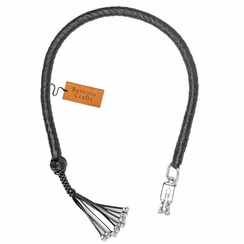 Bantoro Crafts Fouet de Motard 42 pour Moto – Get Back Whip avec Boucle à dégagement Rapide en Chrome, Accessoire de Guidon en Cuir véritable, équipement Biker Haute visibilité (Noir)